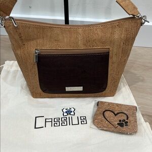 CASSIUS ECO FASHION “Zora" Natural Cork Shoulder Bag & Pawprint Travel Pouch